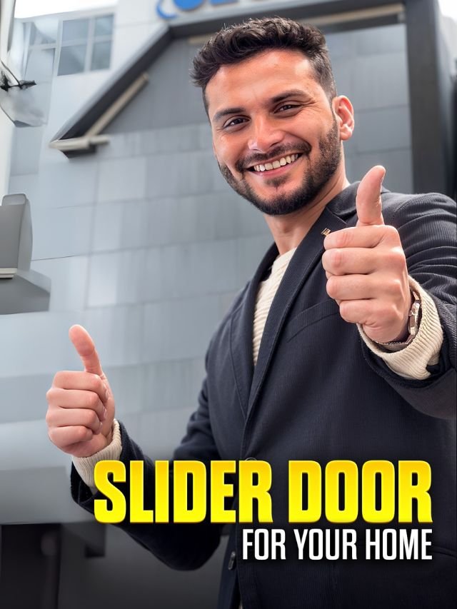 Man giving a thumbs-up in front of the Ozone building, with text 'Slider Door For Your Home'.