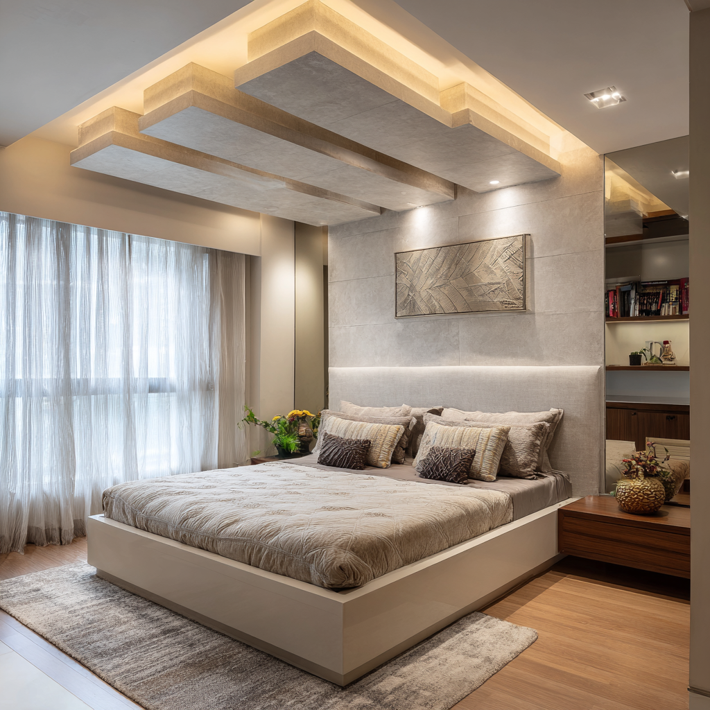 A modern bedroom featuring a multi-layered false ceiling with textured grey panels and integrated cove lighting for a warm, indirect glow.