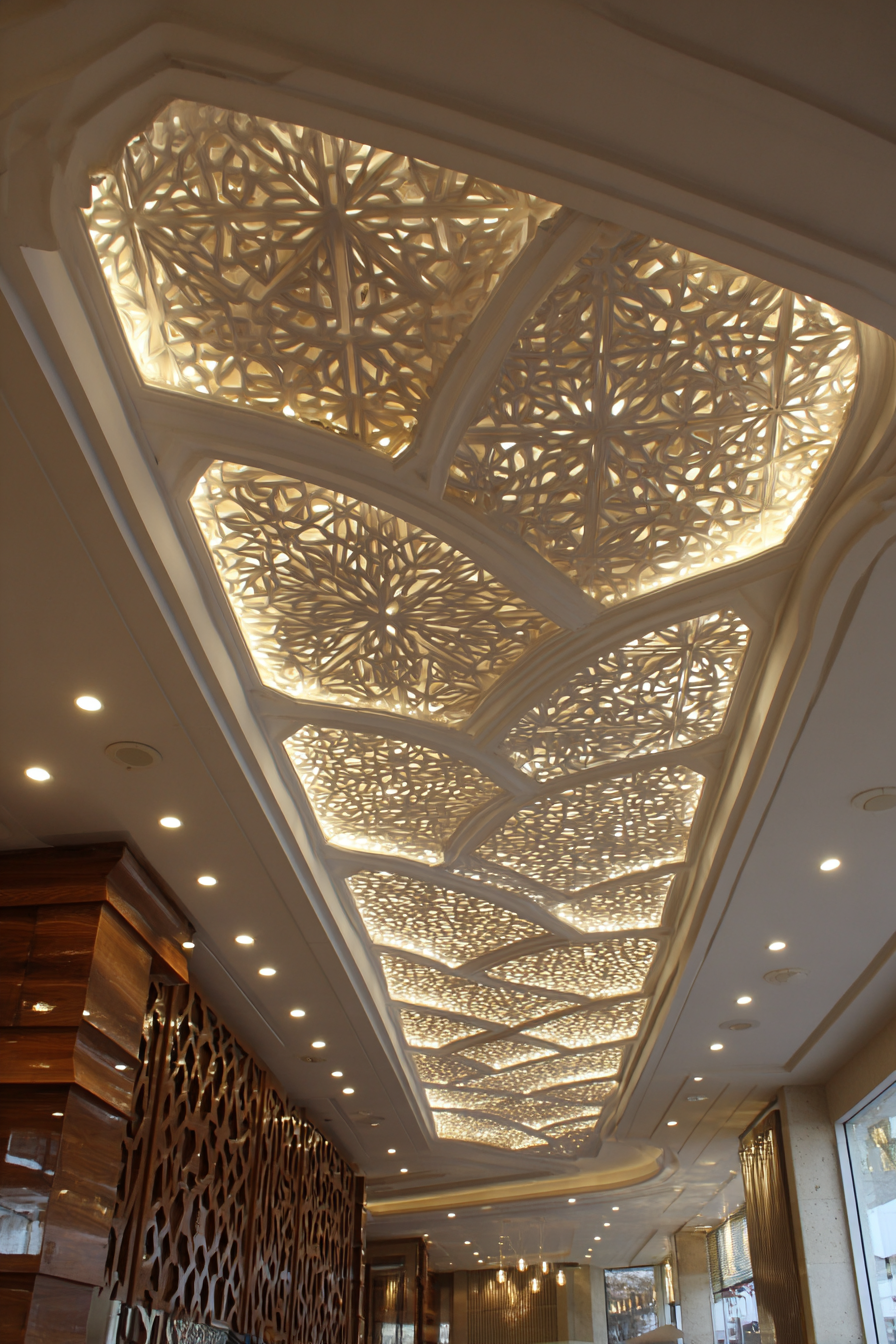 A decorative false ceiling featuring backlit, intricately carved CNC jaali panels in a geometric floral pattern, illuminating a luxurious hallway.