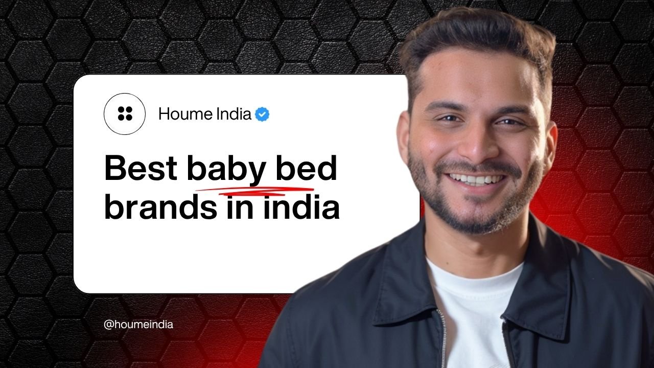 Magazine-style cover image featuring modern Indian nursery interiors with a selection of designer baby beds from IKEA, HunyHuny, Pepperfry, and more. Stylish parents and their baby shown in a bright, welcoming room with Indian décor accents.