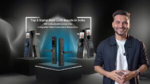 Ar. Sourabh Jain smiling while standing next to a digital product showcase of modern smart door locks with video intercom, WiFi, and Bluetooth features. Text on screen highlights “Top 5 Digital Door Lock Brands in India