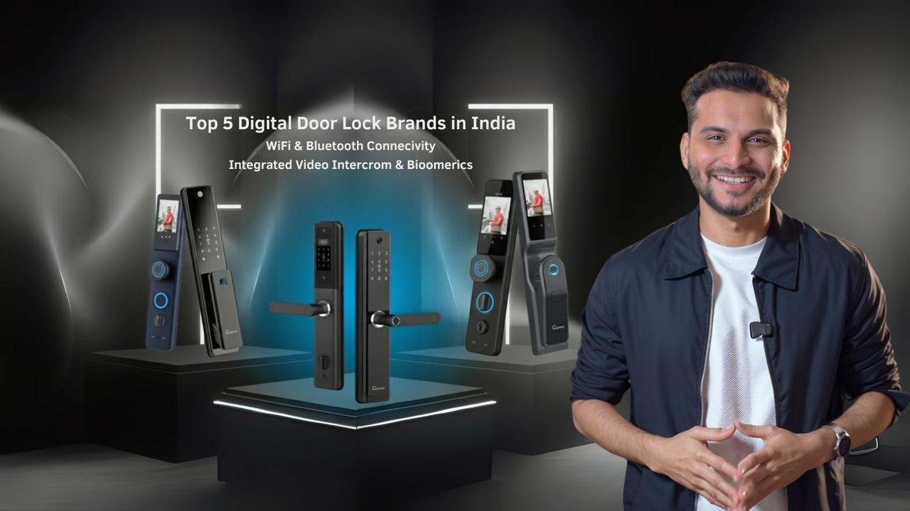 Ar. Sourabh Jain smiling while standing next to a digital product showcase of modern smart door locks with video intercom, WiFi, and Bluetooth features. Text on screen highlights “Top 5 Digital Door Lock Brands in India