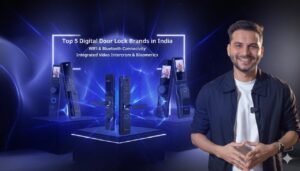 Ar. Sourabh Jain smiling while standing next to a digital product showcase of modern smart door locks with video intercom, WiFi, and Bluetooth features. Text on screen highlights “Top 5 Digital Door Lock Brands in India
