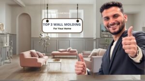 A beautiful living room featuring grey panel wall moulding. Text overlay reads 'Top 3 Wall Molding For Your Home