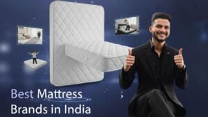 A man giving a thumbs up next to a large mattress graphic, with smaller inset images showing people interacting with mattresses and the text 'Best Mattress Brands in India