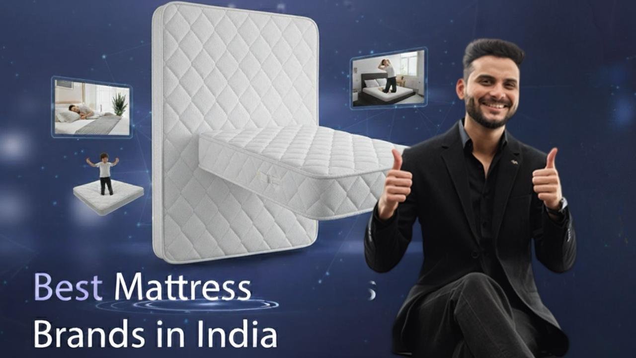 A man giving a thumbs up next to a large mattress graphic, with smaller inset images showing people interacting with mattresses and the text 'Best Mattress Brands in India