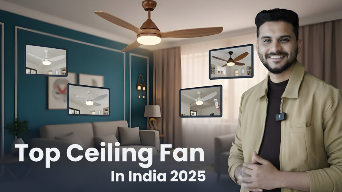 Ar. Sourabh Jain is in a beige jacket smiling, standing next to a stylish wooden ceiling fan with integrated light. Smaller inset images show various modern ceiling fans in different settings. The title reads "Top Ceiling Fan In India 2025.