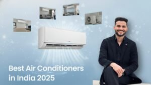 A guide to the "Best Air Conditioners in India 2025," featuring a central image of a modern split AC unit and smaller images of ACs in home settings.