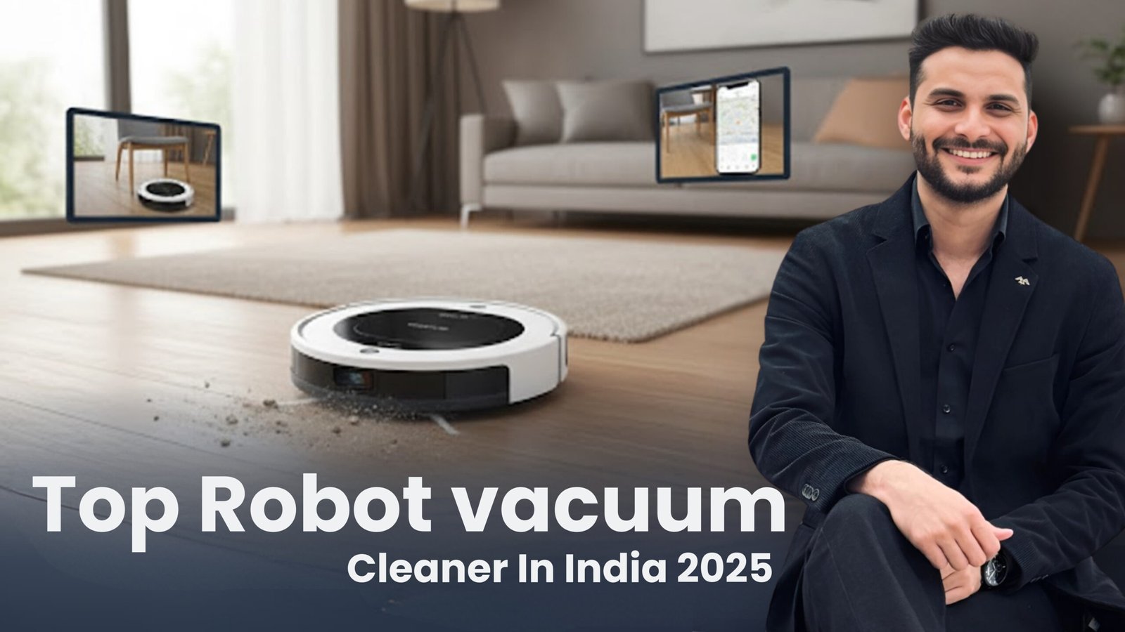 A modern robot vacuum cleaner autonomously cleaning a stylish living room with hardwood floors.