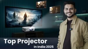 Best projector in India 2025 – Modern home theatre setup with a man smiling beside a projector displaying a movie on a large screen, HoumeIndia expert visual.