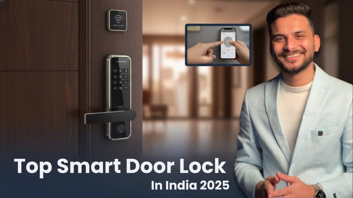 A modern smart door lock with a digital keypad, fingerprint scanner, and sleek handle installed on a dark wooden door. A confident man (Sourabh) in a black suit gestures towards the lock, with an inset image showing a smartphone controlling the lock via a fingerprint app. The title "Top Smart Door Lock In India 2025" is prominently displayed, against a subtle background of a modern home interior.