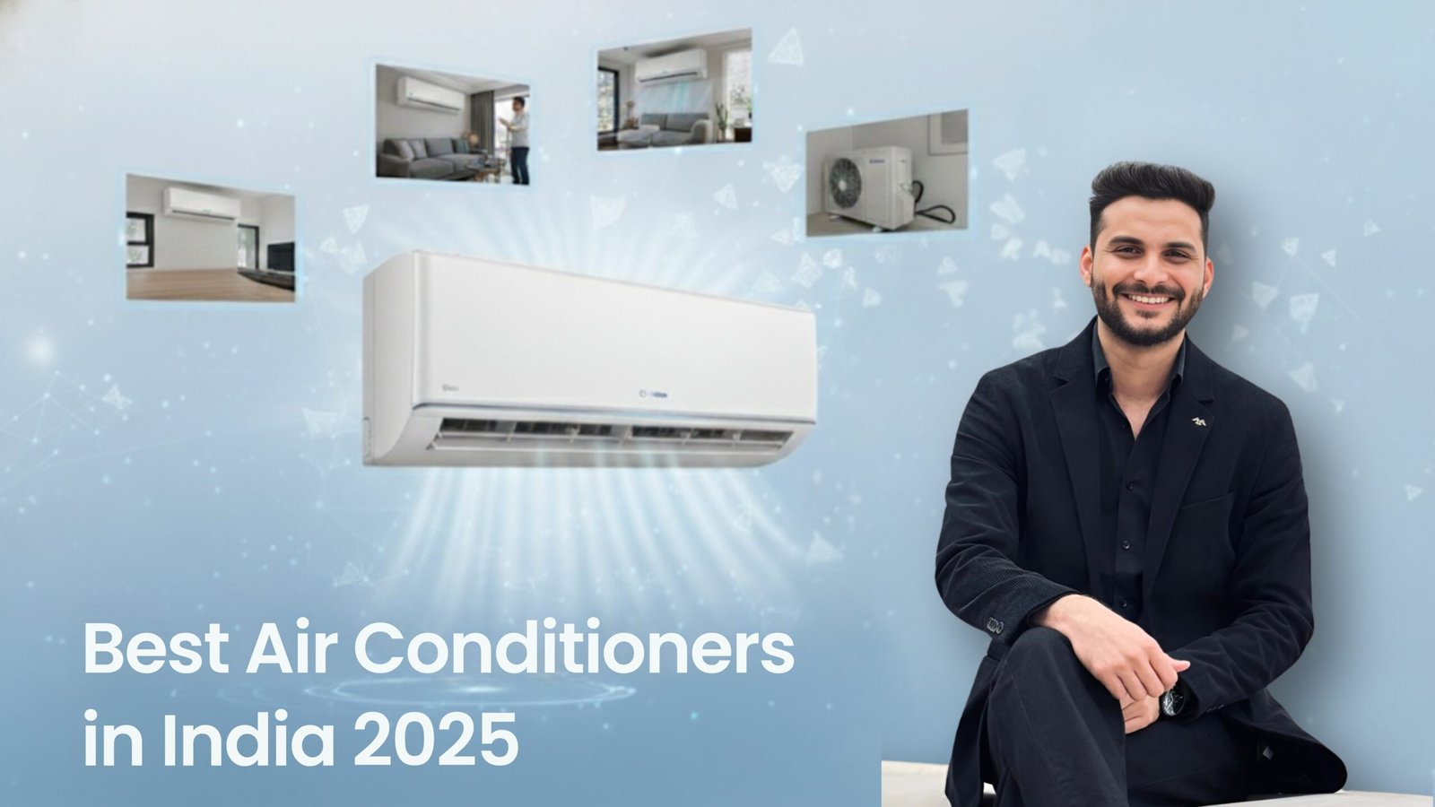 A modern split air conditioner installed on a clean, minimalist wall in a well-lit living room.