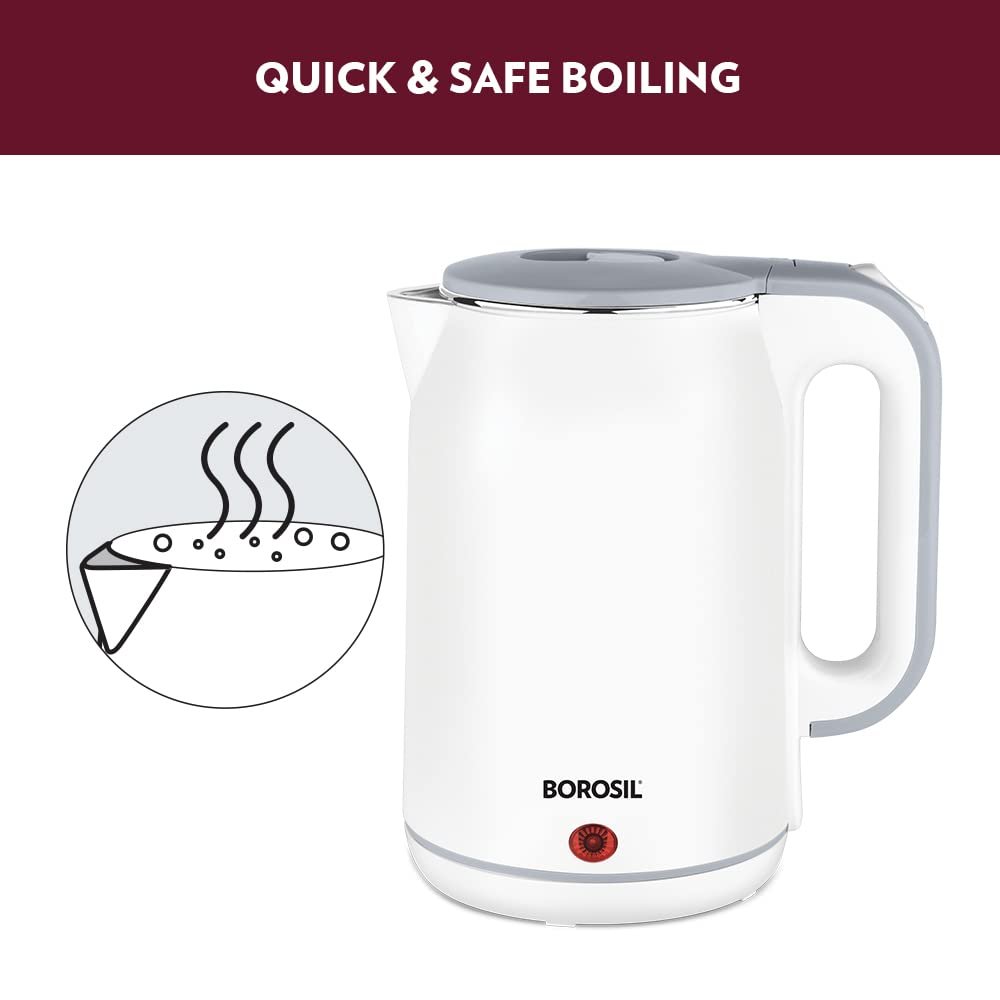 The 1.8L Borosil kettle shown next to multiple cups.