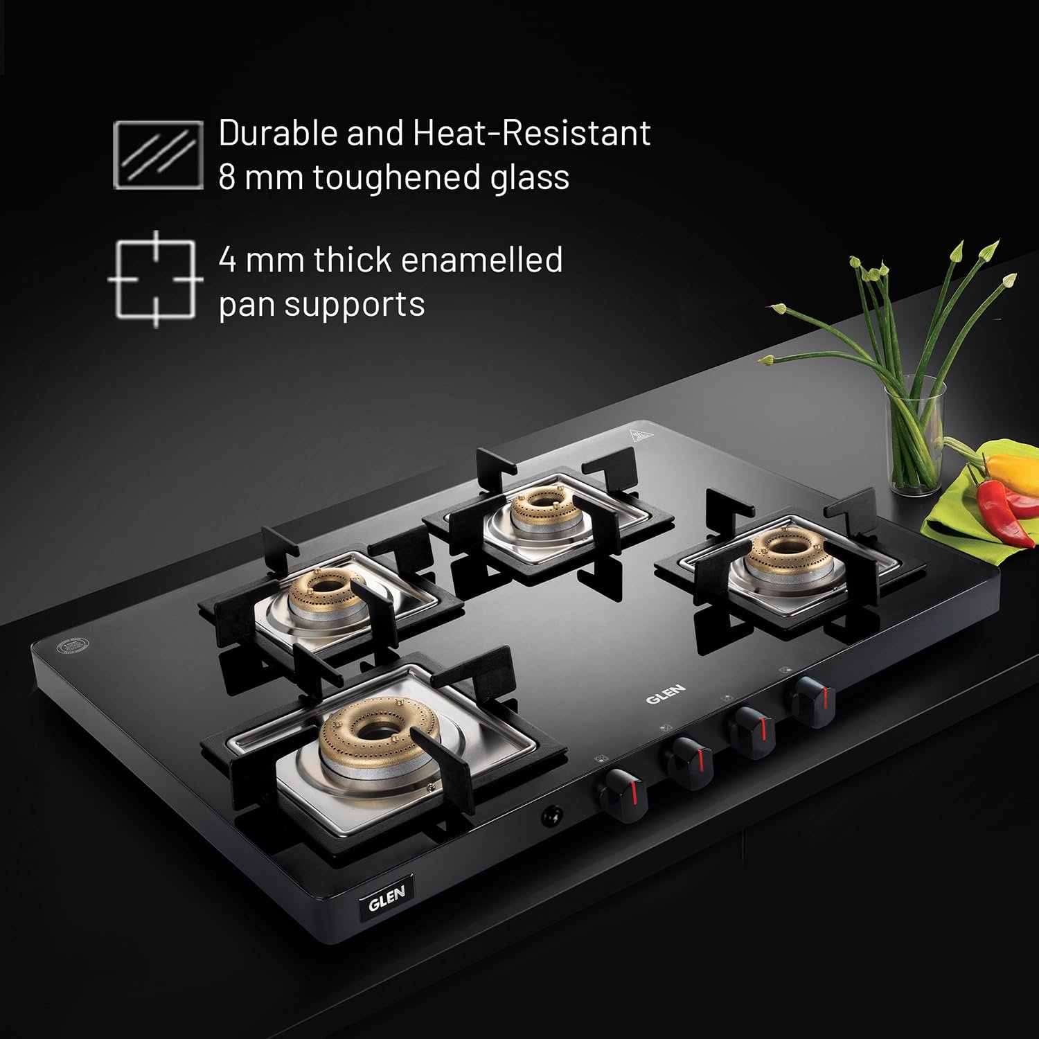 Detail of the high-quality forged brass burners on the Glen stove.