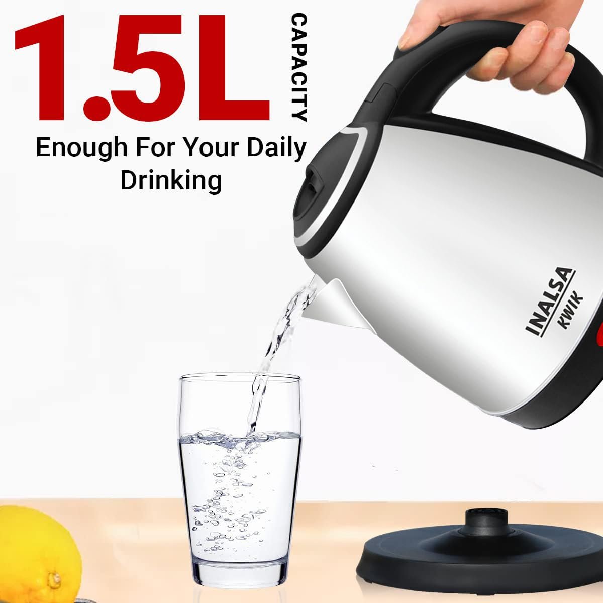 A person holding the ergonomic handle of the Inalsa kettle.