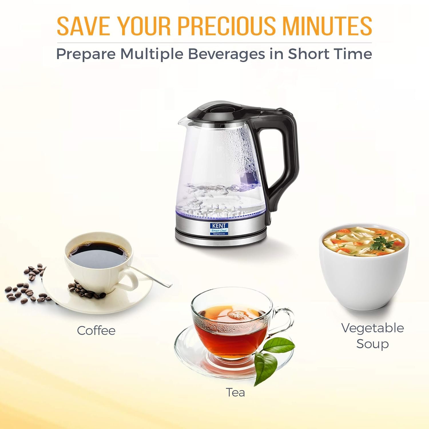 Visible boiling action inside the KENT glass kettle.