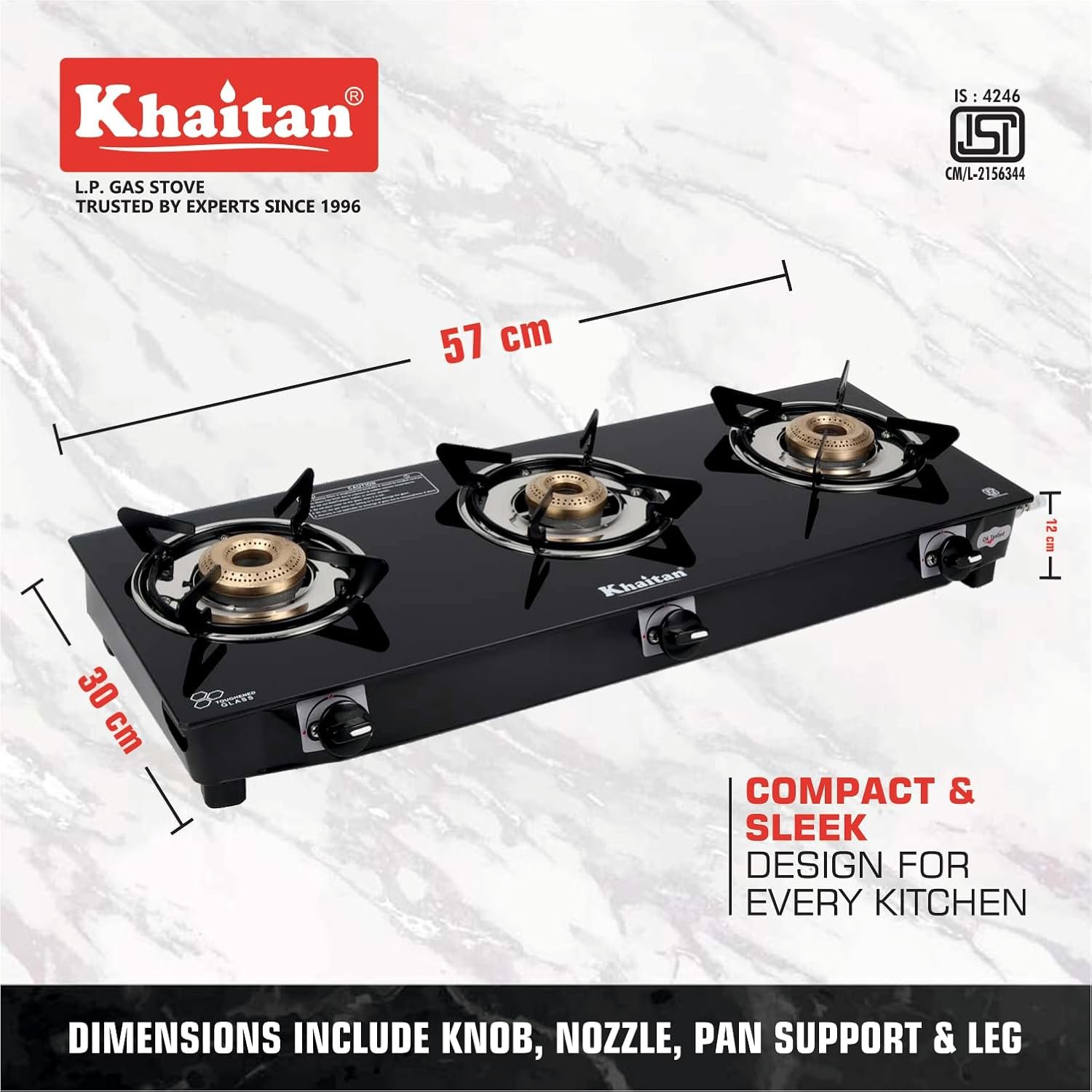 Top view of the Khaitan stove showing the three brass burners.