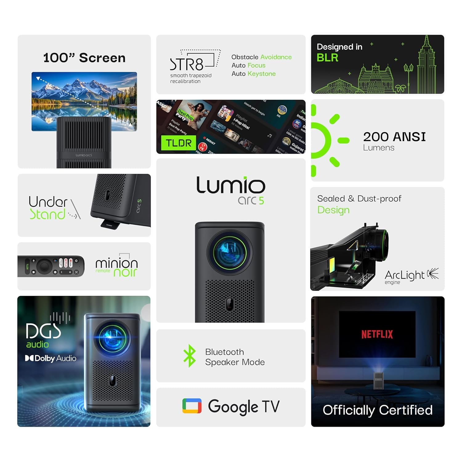 The Google TV interface as seen on the Lumio Arc 5. Lumio Arc 5 Google TV Projector - Google TV UI
