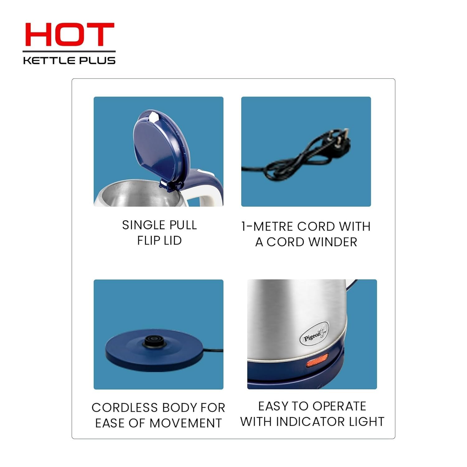 The Pigeon Amaze Plus kettle sitting on its power base.