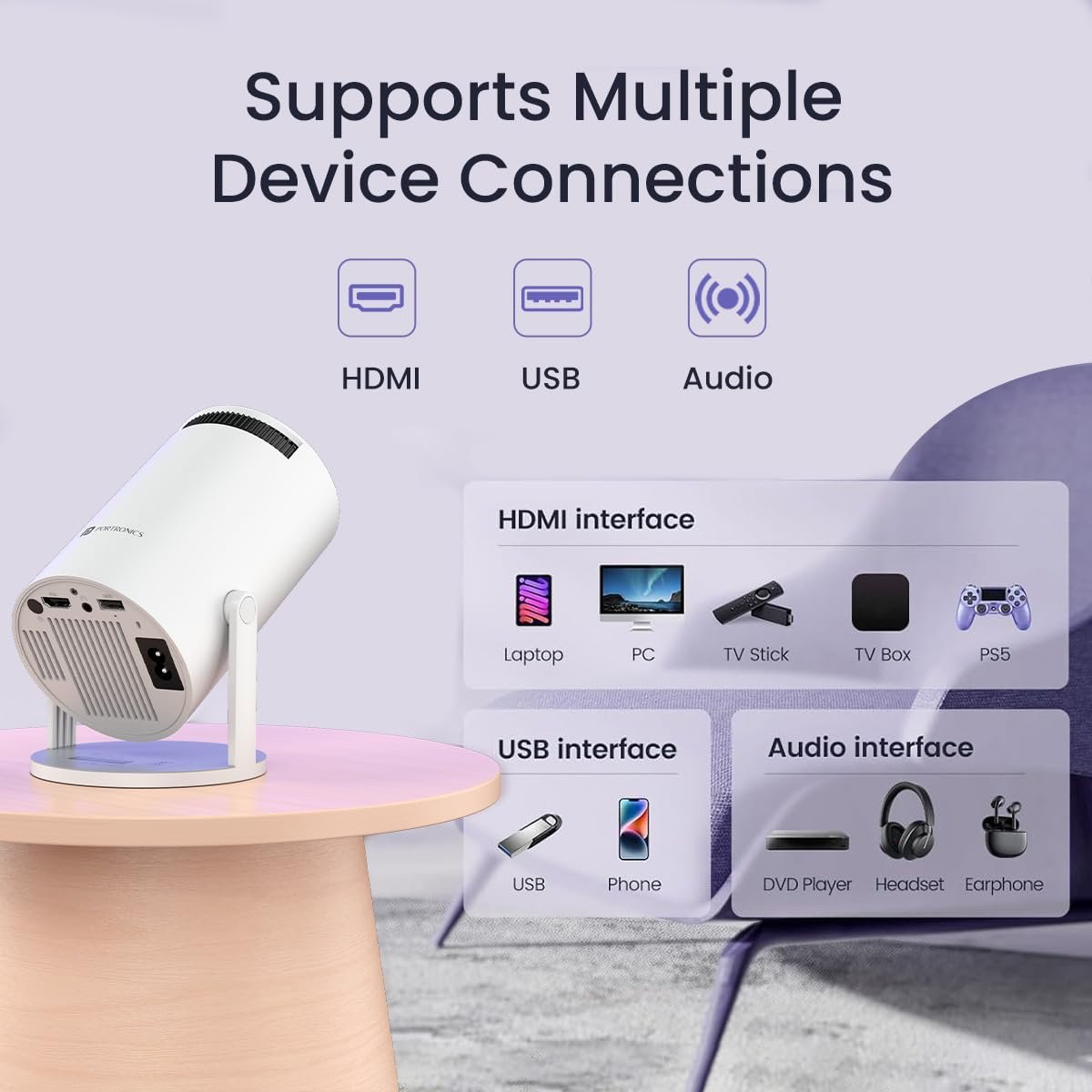 Smart OS interface of the Portronics Beem 440 Smart LED Projector. Portronics Beem 440 Smart LED Projector - Smart OS interface