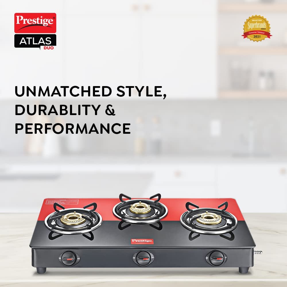 Close-up of the durable tri-pin style brass burners on the Prestige Atlas Duo.