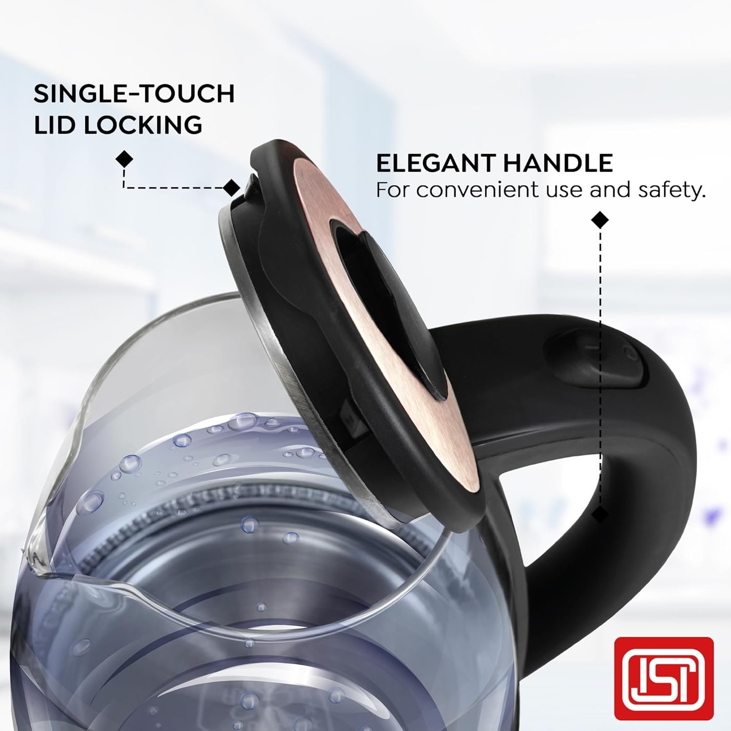 The cool-touch handle of the Prestige glass kettle.