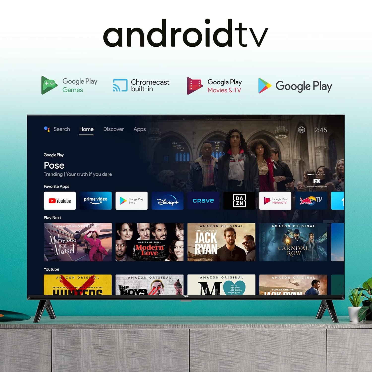 The home screen of Google TV on the TCL S5400.