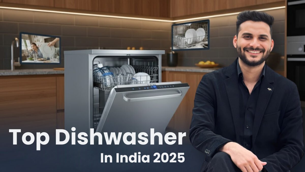 Ar. Sourabh Jain is in a black blazer smiling, sitting next to a modern stainless steel dishwasher with its door ajar, revealing clean dishes inside. Smaller inset images show people using dishwashers and close-ups of washed dishes. The title reads "Top Dishwasher In India 2025.