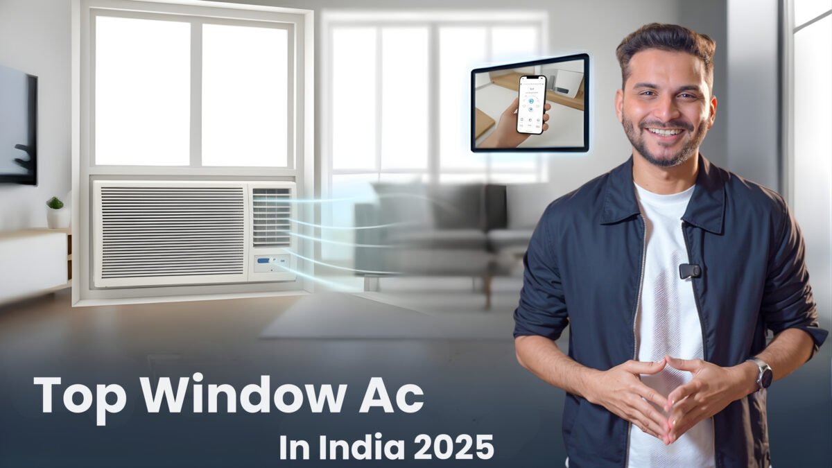 A modern white window air conditioner installed in a window frame, circulating cool air into a contemporary living room. A man (Sourabh) in a casual black jacket smiles and gestures towards the AC unit. An inset image shows a hand controlling the AC via a smartphone app. The title "Top Window AC In India 2025" is displayed at the bottom, against a blurred background of a stylish home interior.