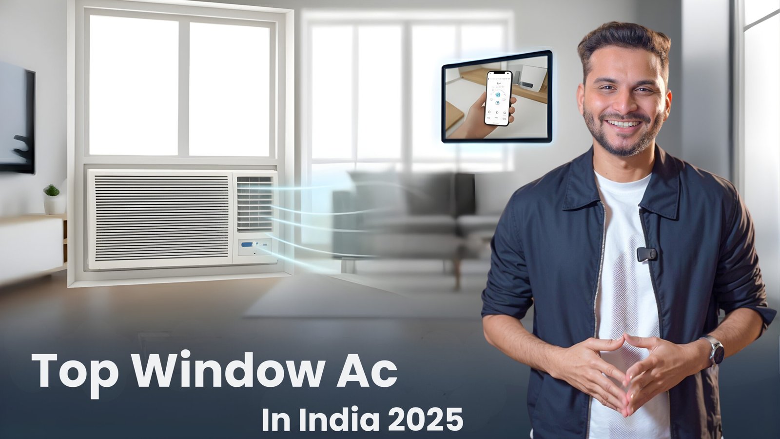 A modern white window air conditioner installed in a window frame, circulating cool air into a contemporary living room. A man (Sourabh) in a casual black jacket smiles and gestures towards the AC unit. An inset image shows a hand controlling the AC via a smartphone app. The title "Top Window AC In India 2025" is displayed at the bottom, against a blurred background of a stylish home interior.