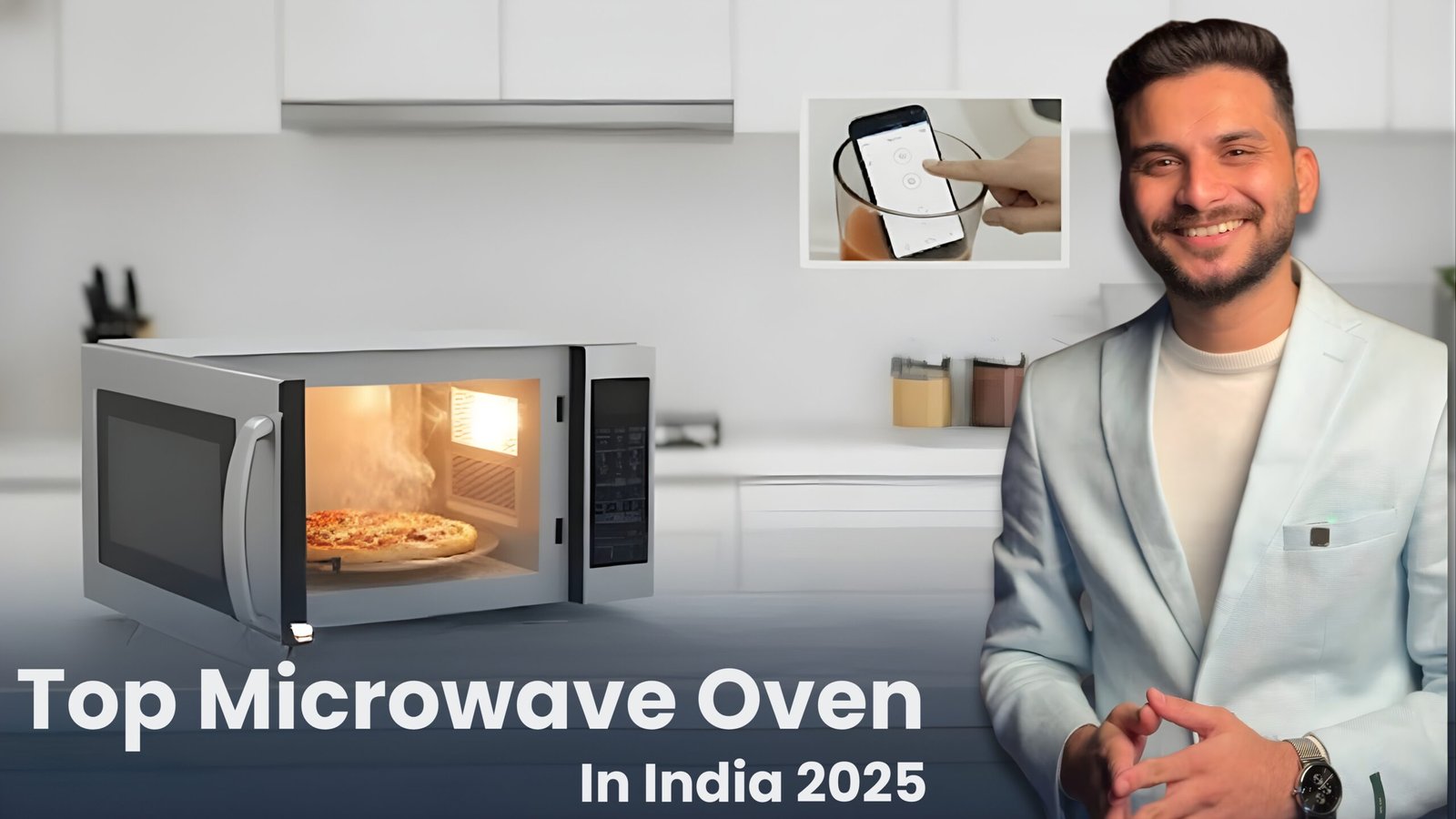 A modern, silver microwave oven with its door ajar, revealing a pizza cooking inside with steam rising. The oven is on a pristine white kitchen counter. A man (Sourabh) in a white jacket smiles and gestures towards the microwave. An inset image shows a hand interacting with a smart control panel or smartphone app. The title "Top Microwave Oven In India 2025" is displayed at the bottom, against a blurred background of a contemporary kitchen.