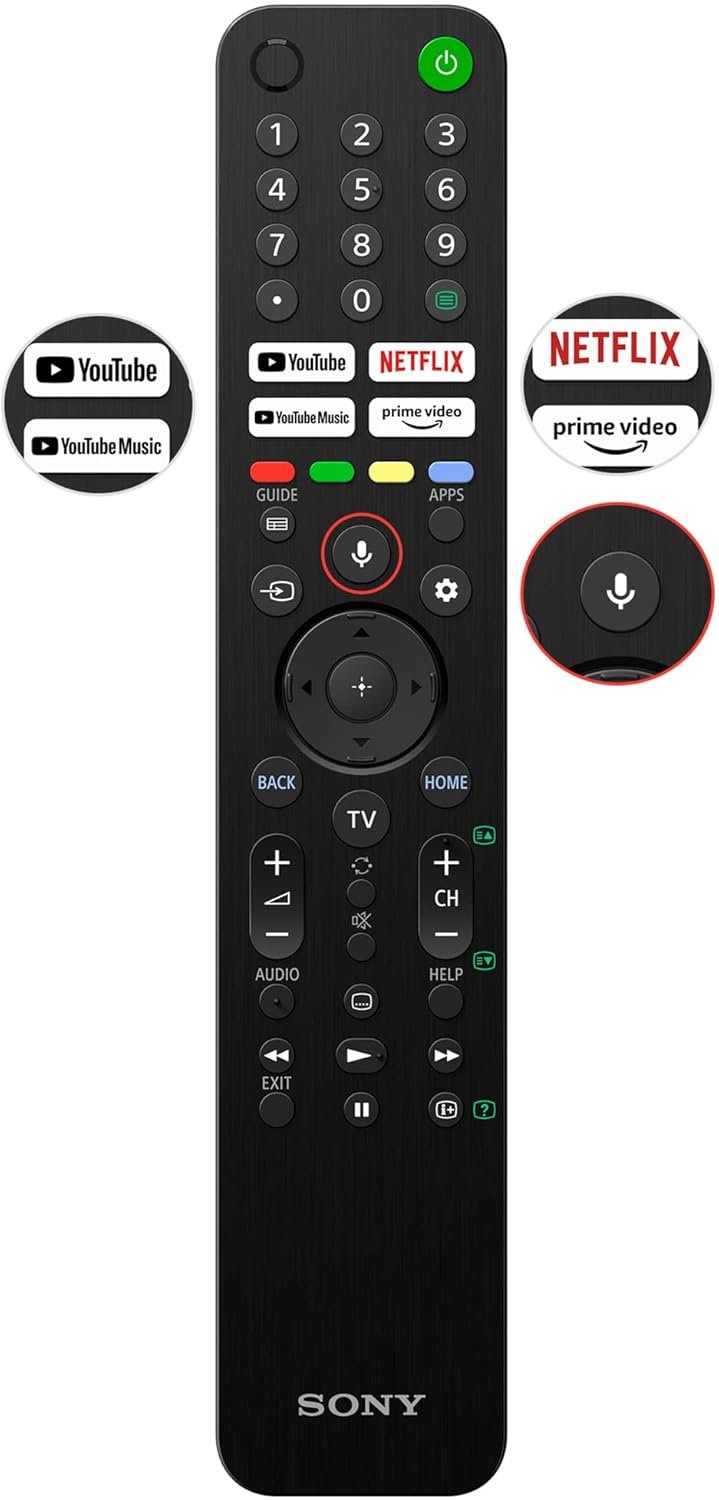 The voice-enabled remote control for the Sony W830K Google TV.