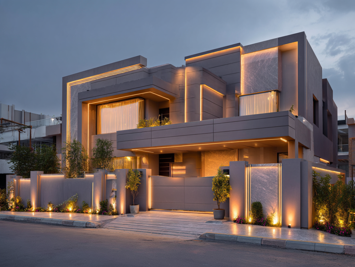 A modern home exterior at dusk illuminated by warm architectural profile lights, featuring a 60-30-10 colour palette, matte-finish walls, sloped sunshades, and a premium front gate