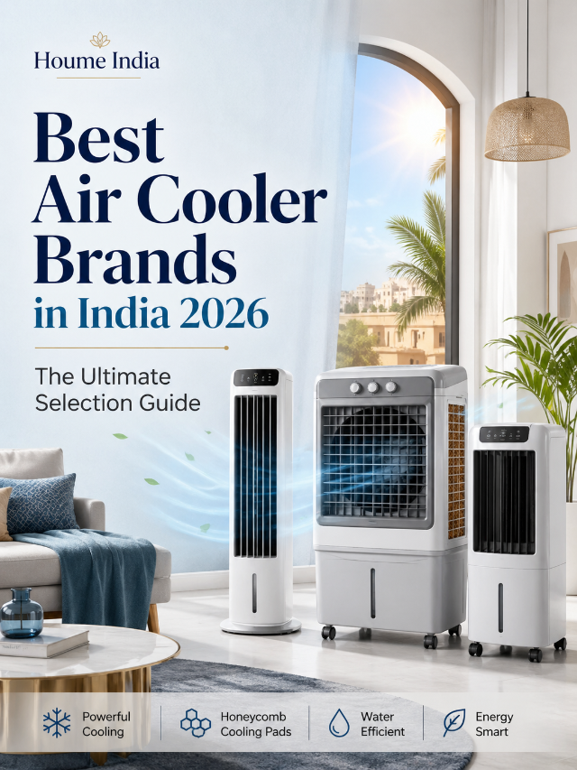 Best air cooler brands in India 2026 with modern tower and desert coolers in a stylish living room