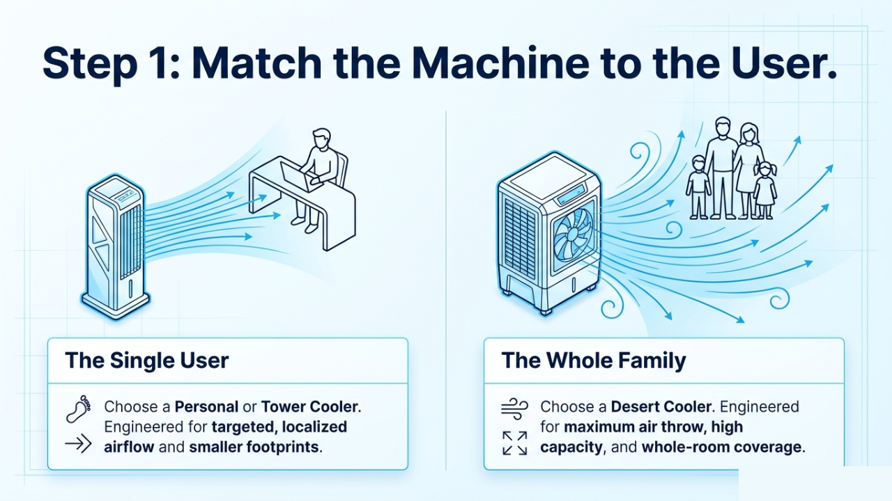 Comparison between Personal Tower Coolers and Desert Coolers for different room sizes.
