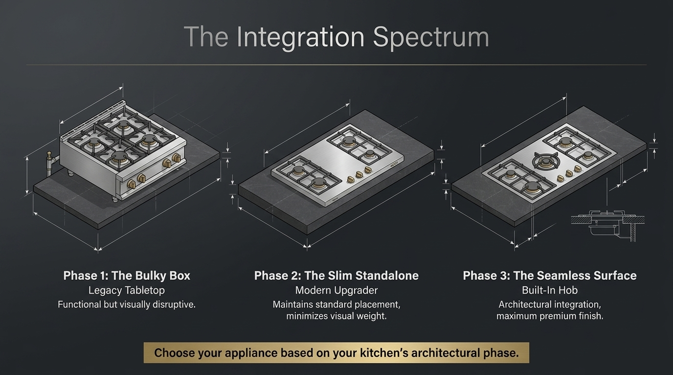 "The integration spectrum showing three phases: bulky box tabletop, slim standalone upgrader, and seamless surface built-in hob."
