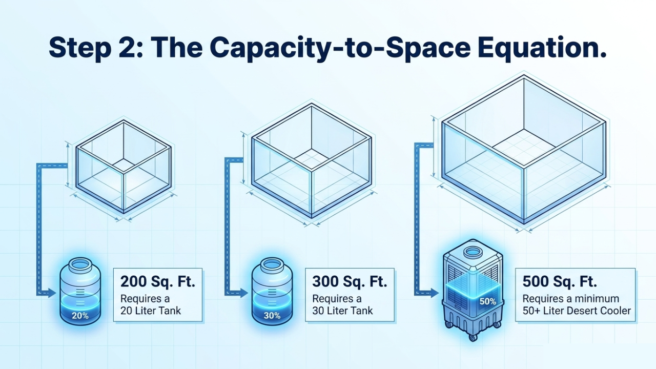 Air cooler tank capacity calculation chart for 200 sq ft to 500 sq ft rooms.