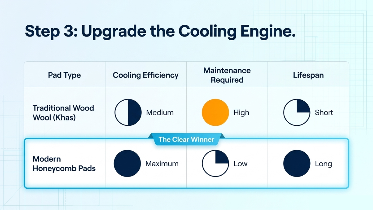 Benefits of Honeycomb cooling pads vs wood wool for better hygiene and cooling efficiency.
