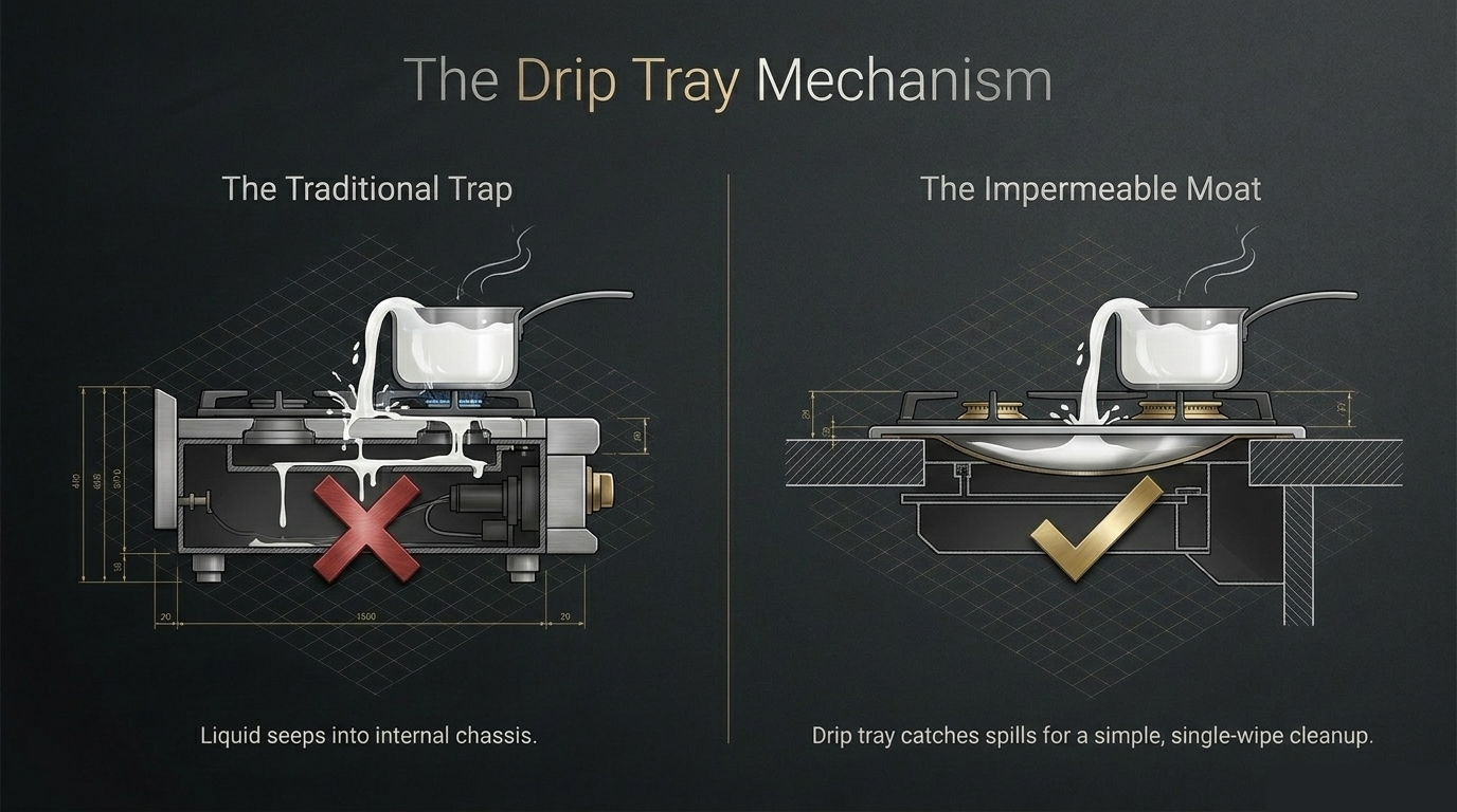 "Technical diagram comparing a traditional trap where liquid seeps into the chassis versus an impermeable moat drip tray for easy cleanup."