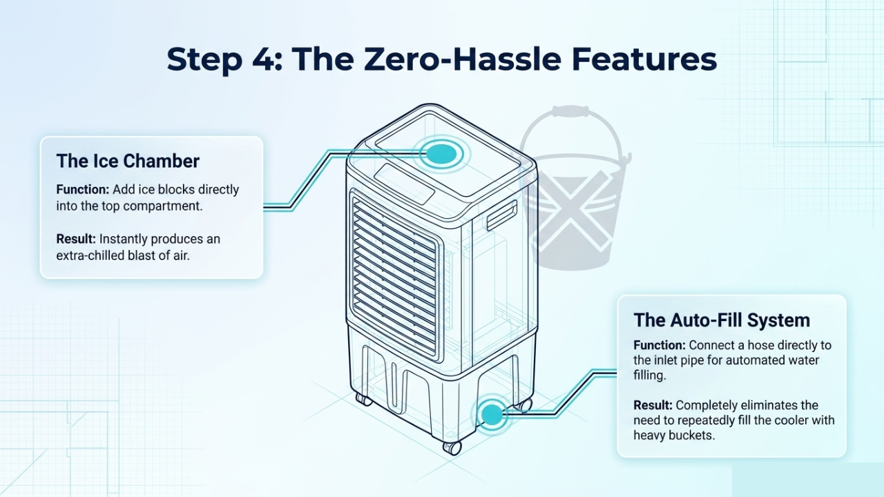 Advanced air cooler features including Ice Chamber for boost cooling and Auto-fill functionality.