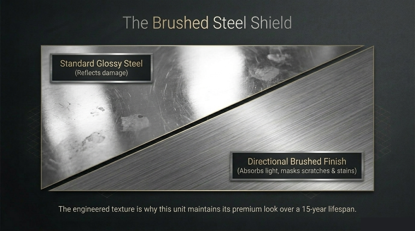 "Comparison between standard glossy steel that reflects damage and directional brushed finish that masks scratches and stains."