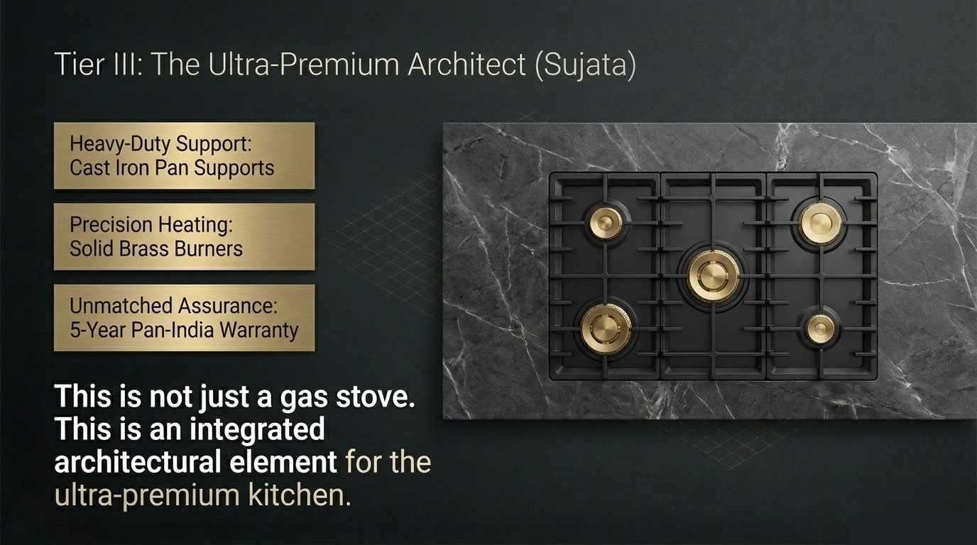 "Sujata ultra-premium integrated architectural gas hob with heavy-duty cast iron pan supports and solid brass burners."