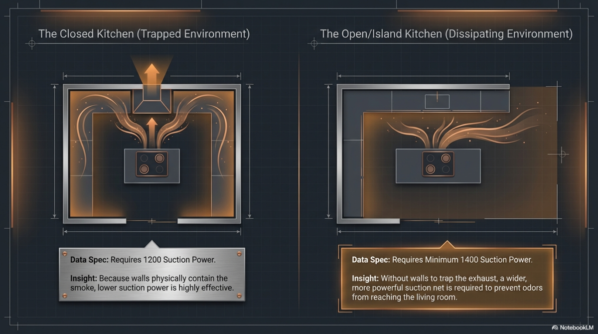 A technical diagram comparing a Closed Kitchen and an Open/Island Kitchen. It illustrates how smoke is "trapped" in closed spaces (requiring 1200 suction) versus "dissipating" in open spaces (requiring minimum 1400 suction) to prevent odors from reaching the living room.