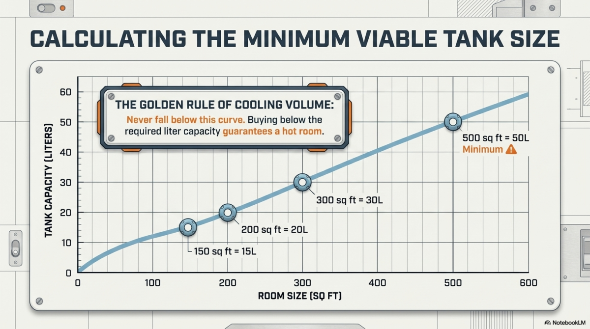 A linear graph titled "Calculating the Minimum Viable Tank Size." It shows the required tank capacity in liters relative to room size: 150 sq ft = 15L, 200 sq ft = 20L, 300 sq ft = 30L, and 500 sq ft = 50L. A warning note states "Never fall below this curve."