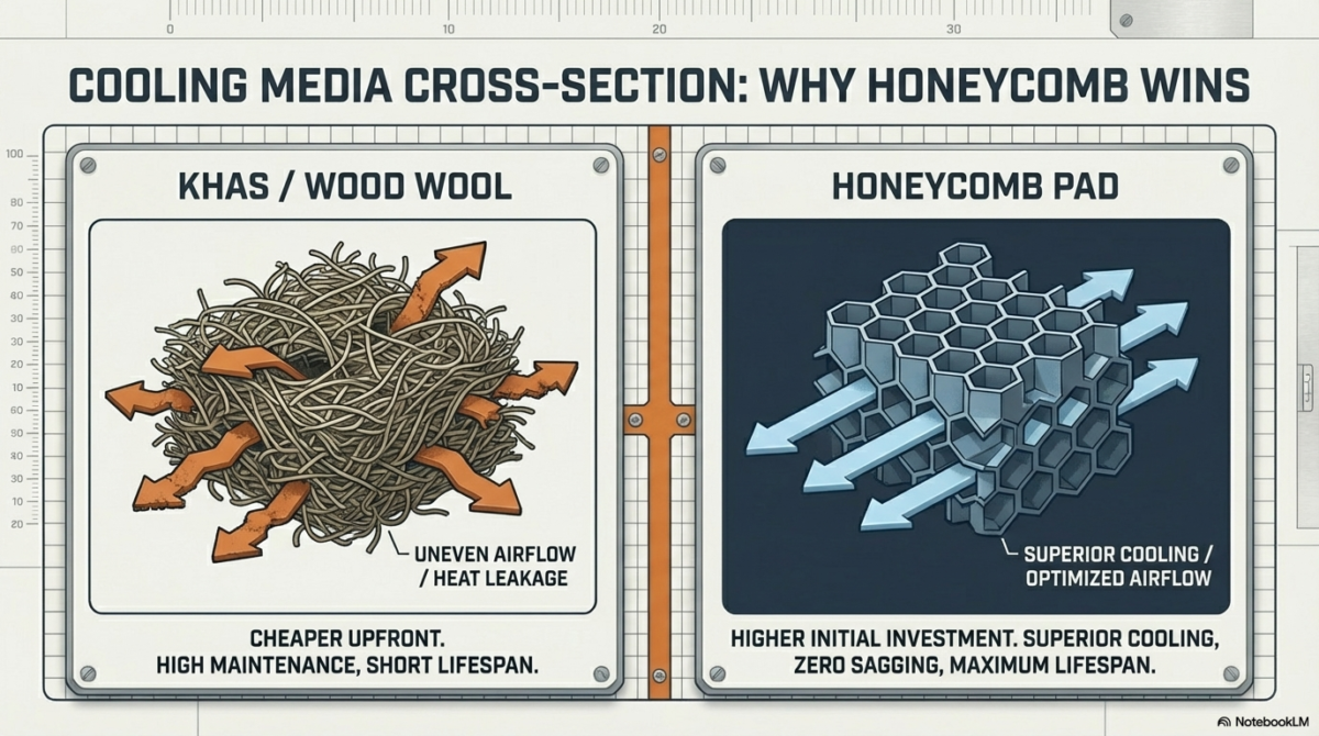 A cross-section comparison between "Khas / Wood Wool" and "Honeycomb Pads." Khas shows uneven airflow and heat leakage with a high-maintenance warning. Honeycomb shows superior, optimized airflow with zero sagging and a maximum lifespan.