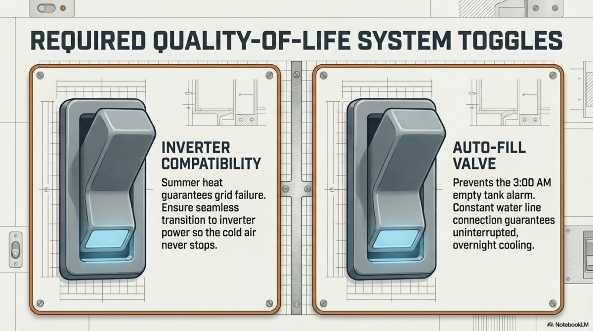Two large industrial-style switches representing "Inverter Compatibility" and "Auto-Fill Valve." The text explains that inverter readiness ensures cooling during power failures, while auto-fill prevents the need for manual refilling and 3:00 AM alarms.
