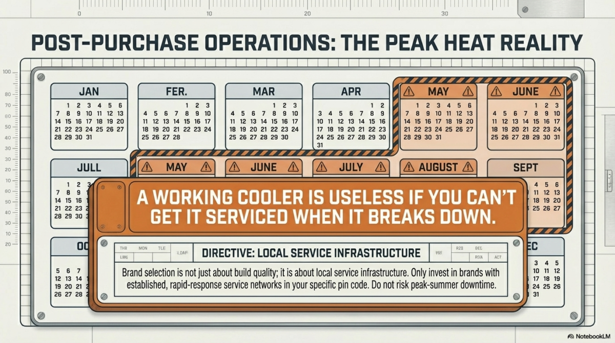 A calendar view for the year highlighting the peak heat months of May, June, July, and August with warning icons. A central overlay states: "A working cooler is useless if you can't get it serviced when it breaks down," emphasizing local service infrastructure.