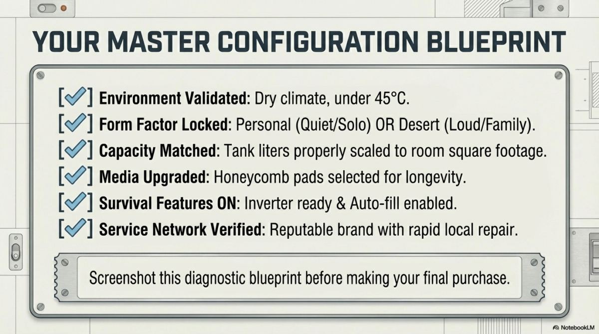 A final checklist for buying an air cooler, including environment validation (dry climate), form factor lock (personal or desert), capacity matching (tank size), media upgrade (honeycomb pads), survival features (inverter/auto-fill), and service network verification.