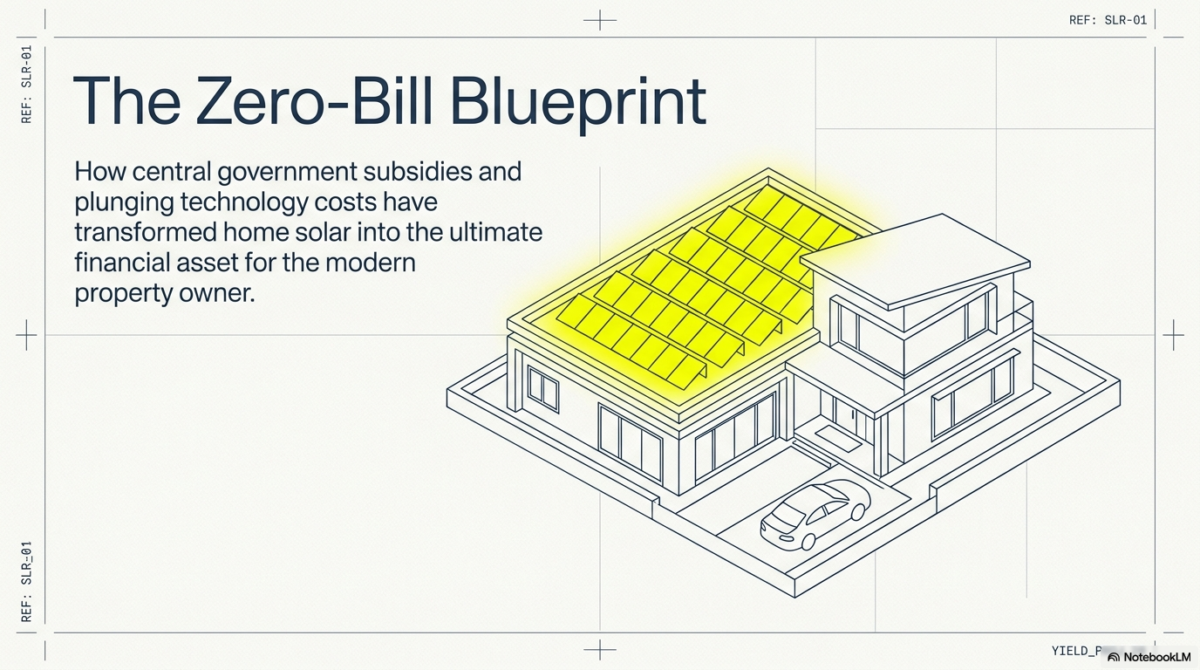 An architectural title slide titled "The Zero-Bill Blueprint." It features a 3D isometric line drawing of a modern house with a glowing yellow solar panel array on the roof. The text describes solar as the "ultimate financial asset for the modern property owner."