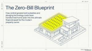 An architectural title slide titled "The Zero-Bill Blueprint." It features a 3D isometric line drawing of a modern house with a glowing yellow solar panel array on the roof. The text describes solar as the "ultimate financial asset for the modern property owner."